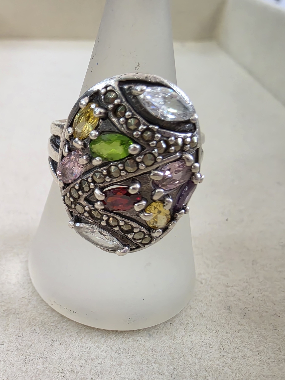 Vintage Sterling Silver Multi Gemstone Marcasite Cocktail Ring Size 8 • 9.5g
